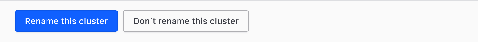 Modal footer example with two buttons: a primary 'Rename this cluster' button and a secondary 'Dont rename this cluster' button
